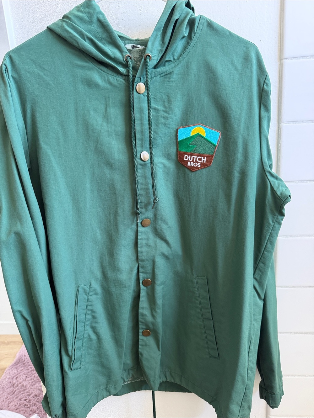 Dutch Bros Green Hooded Windbreaker Jacket with Patch